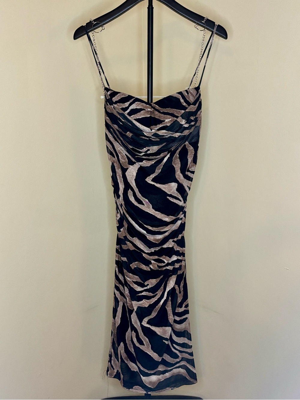 Fashion Nova Black and Taupe Zebra Cowl Midi Dress - Picture 2 of 5